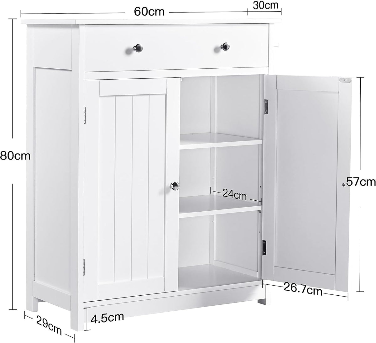 Armoire de salle de bain Yaheetech 60 x 30 x 80 cm - Blanche - 2 portes - Grand tiroir - Étagères réglables
