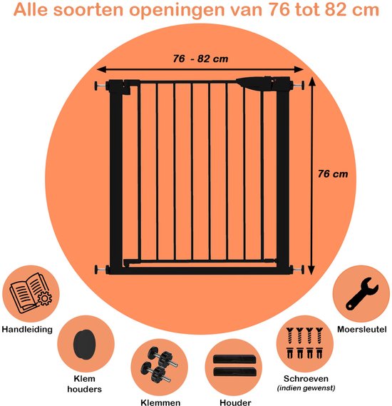 Barrière d'escalier sans perçage – 76 à 82 cm – Barrière de sécurité – Fixation par pinces – Barrière pour enfants – Barrière pour chiens – Noir