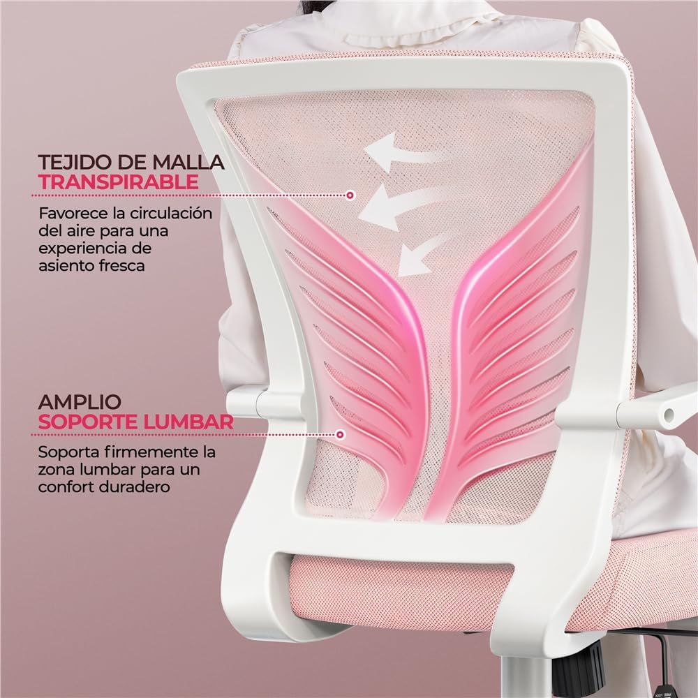 Chaise de bureau pivotante Yaheetech - Tissu maillé - Rose - Soutien lombaire ergonomique - Hauteur réglable - Fonction d'inclinaison