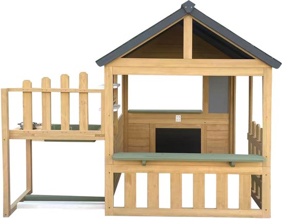 Maisonnette AXI Lizz marron/anthracite – Maisonnette en bois avec coin cuisine, tableau noir, miroir, pots de fleurs et accessoires – Bois certifié FSC – Maisonnette de jardin pour enfants – Garantie 10 ans