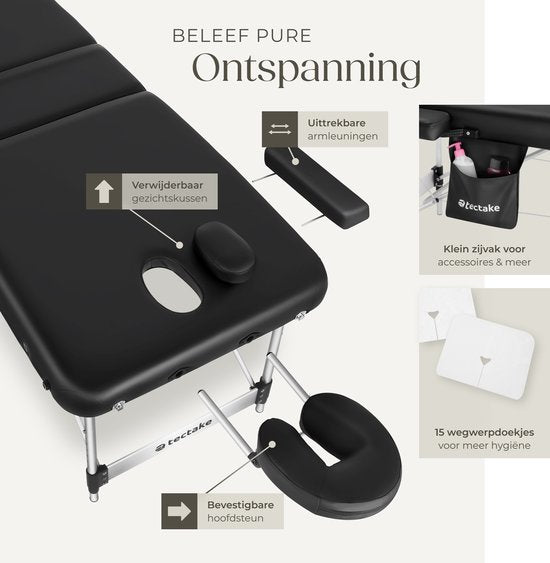 table de massage tectake® 3 Zones - Table de traitement avec sac de transport - matelas de 5 cm d'épaisseur - châssis en aluminium - largeur 78 cm - capacité de charge 230 kg - 15 appuis-tête inclus - noir