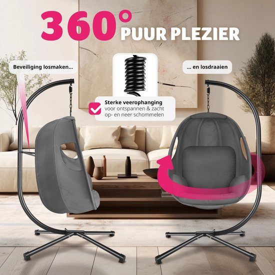 tectake® Chaise suspendue avec cadre - Chaise à bascule avec coussin + coussin de dossier - Meuble de salon ou de chambre - Meuble de balcon - Intérieur ou extérieur - Jusqu'à 160kg - Anthracite