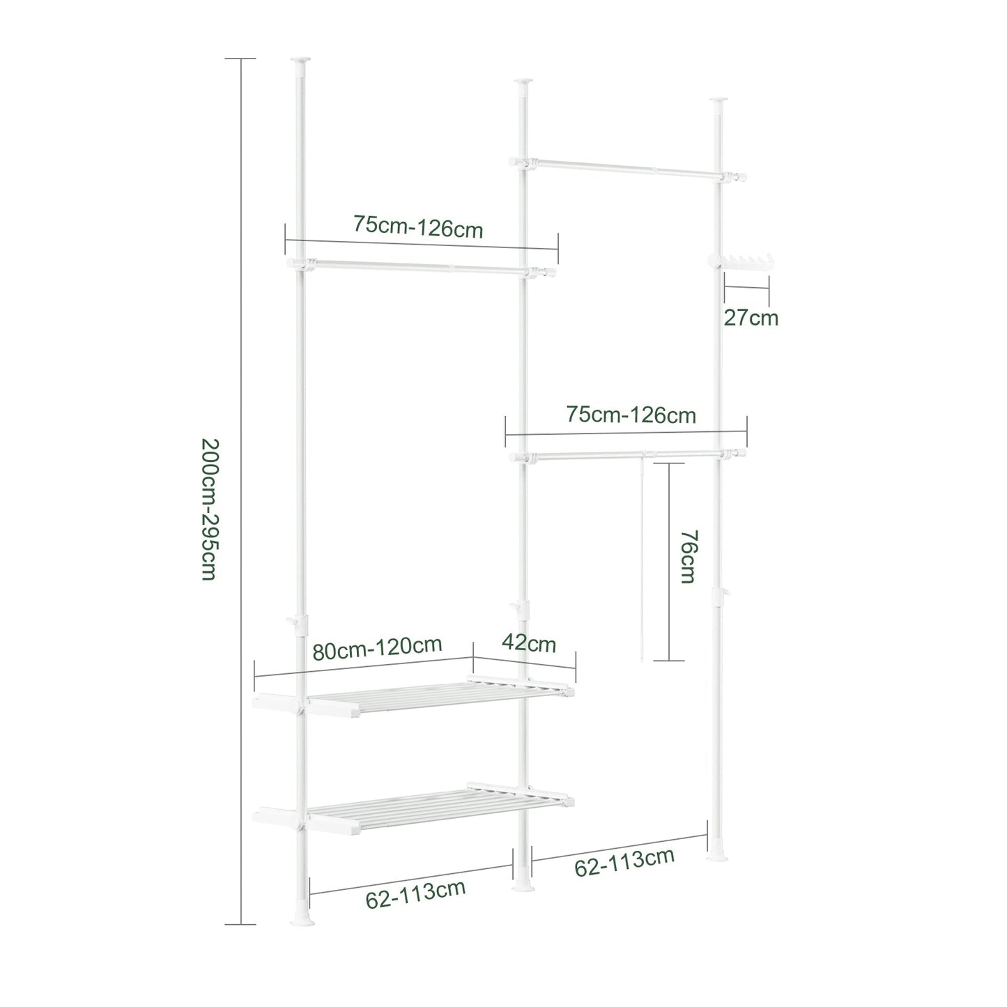 SoBuy FRG34-II-W Porte-vêtements télescopique réglable blanc - 147-195 x 200-295 cm - Placard ouvert avec tringles et étagères