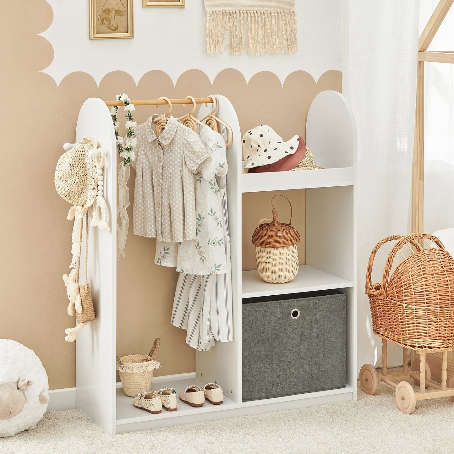SoBuy Armoire enfant - 3 étagères 1 panier 3 crochets - blanc - 97 x 35 x 108 cm