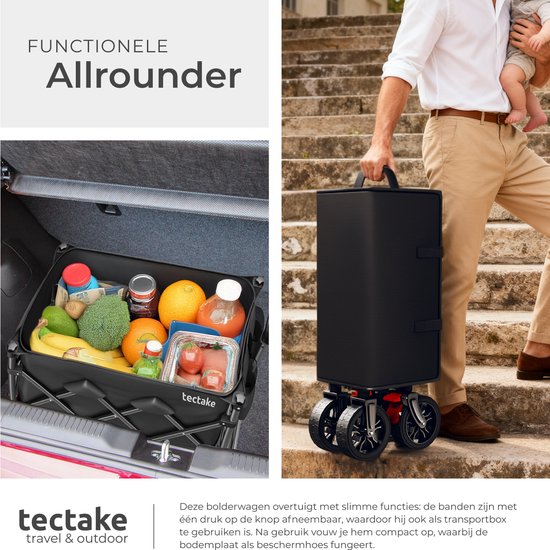 Chariot tectake® - Pliable - Capacité de charge de 80 kg - Roues pivotantes massives avec frein - 45 x 88 x 95 cm - Chariots de transport - Chariot à main - Avec poignée réglable - Chariot à main - Chariot de transport hydrofuge - Avec tablette et compart
