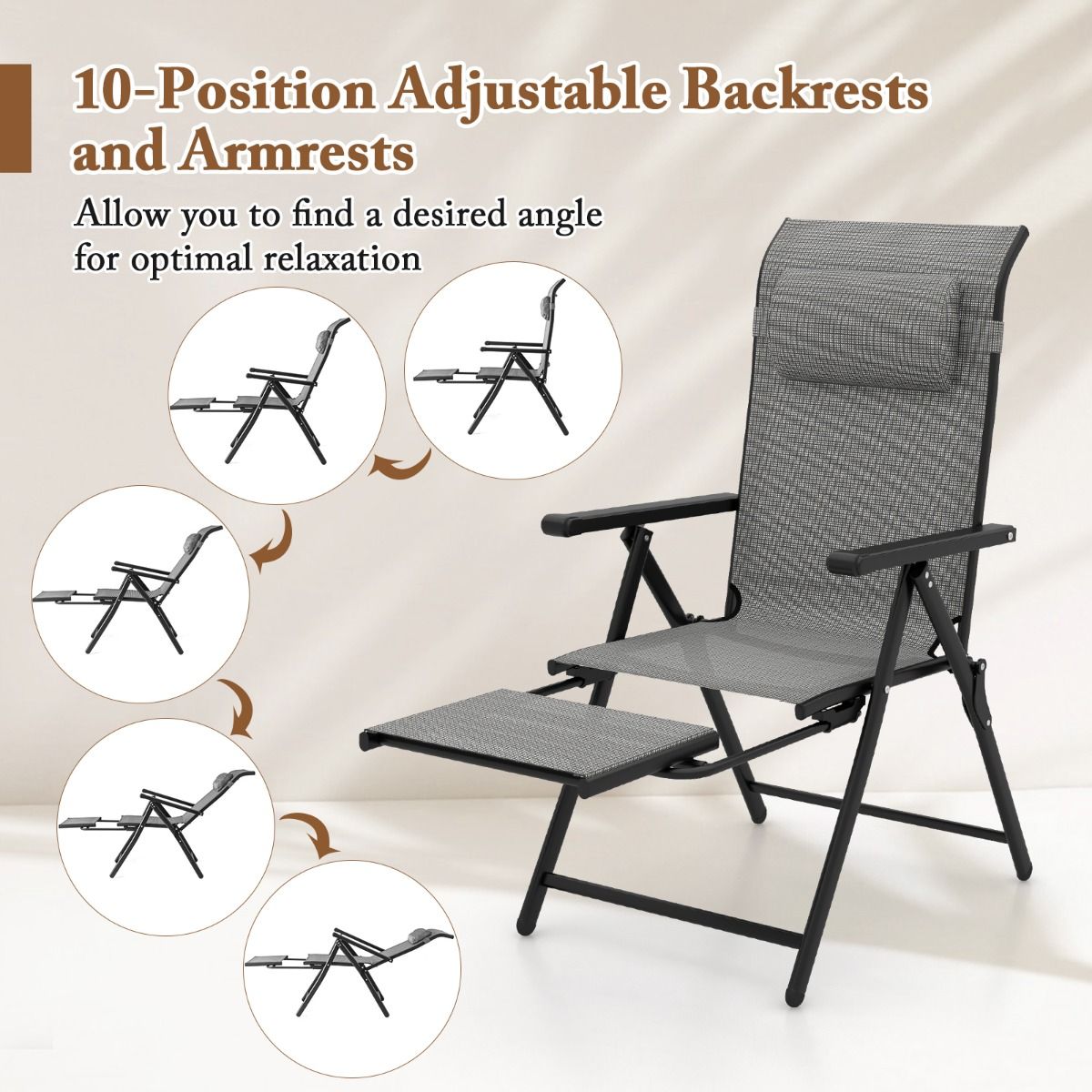 Ensemble de chaises de jardin Coast - pliables - dossier et repose-pieds réglables - gris