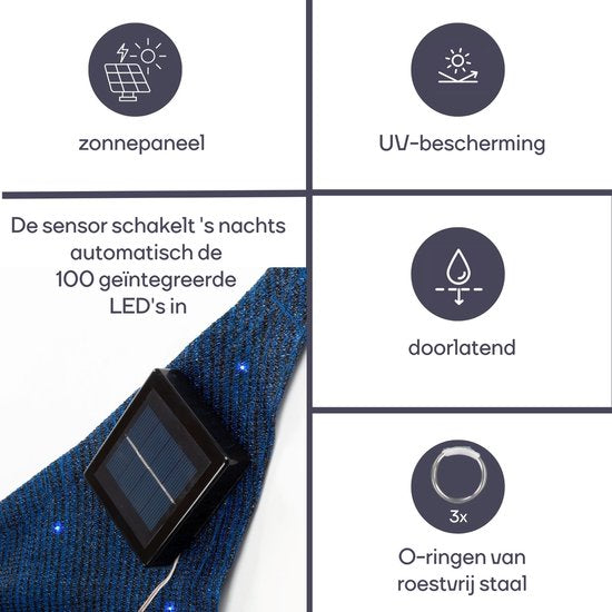 Voile d'ombrage Perel avec 100 LED, ciel étoilé, auvent pour terrasse de jardin, toile d'ombrage, perméable à l'eau, 90 % protection UV, 3 anneaux en acier inoxydable, 3,6 x 3,6 x 3,6 m, 180 g/m², HDPE, triangle, bleu foncé