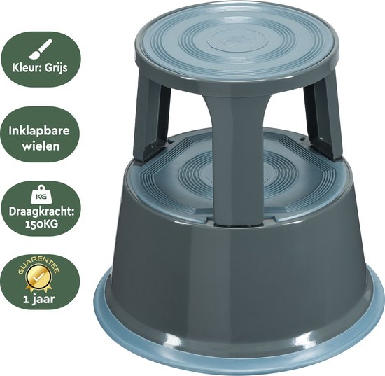 BRASQ Tabouret de marche Premium Gris - Capacité 150 kg - Tabouret de marche - Pied d'éléphant - Tabouret de bureau - Escalier mécanique - Tabouret - Métal