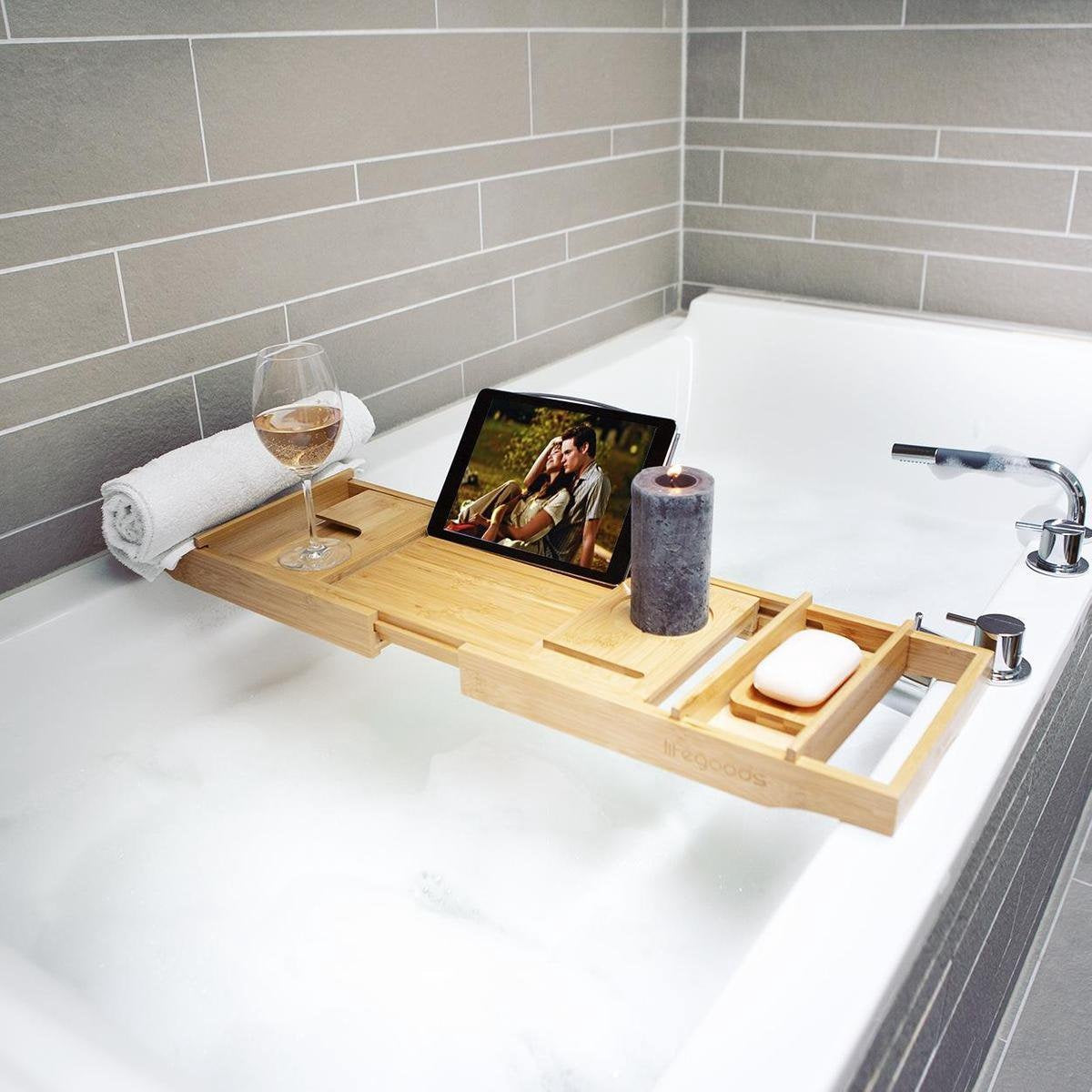LifeGoods Planche de bain - extensible - pour salle de bain - 74,5 à 108,5 cm - avec support - Bois