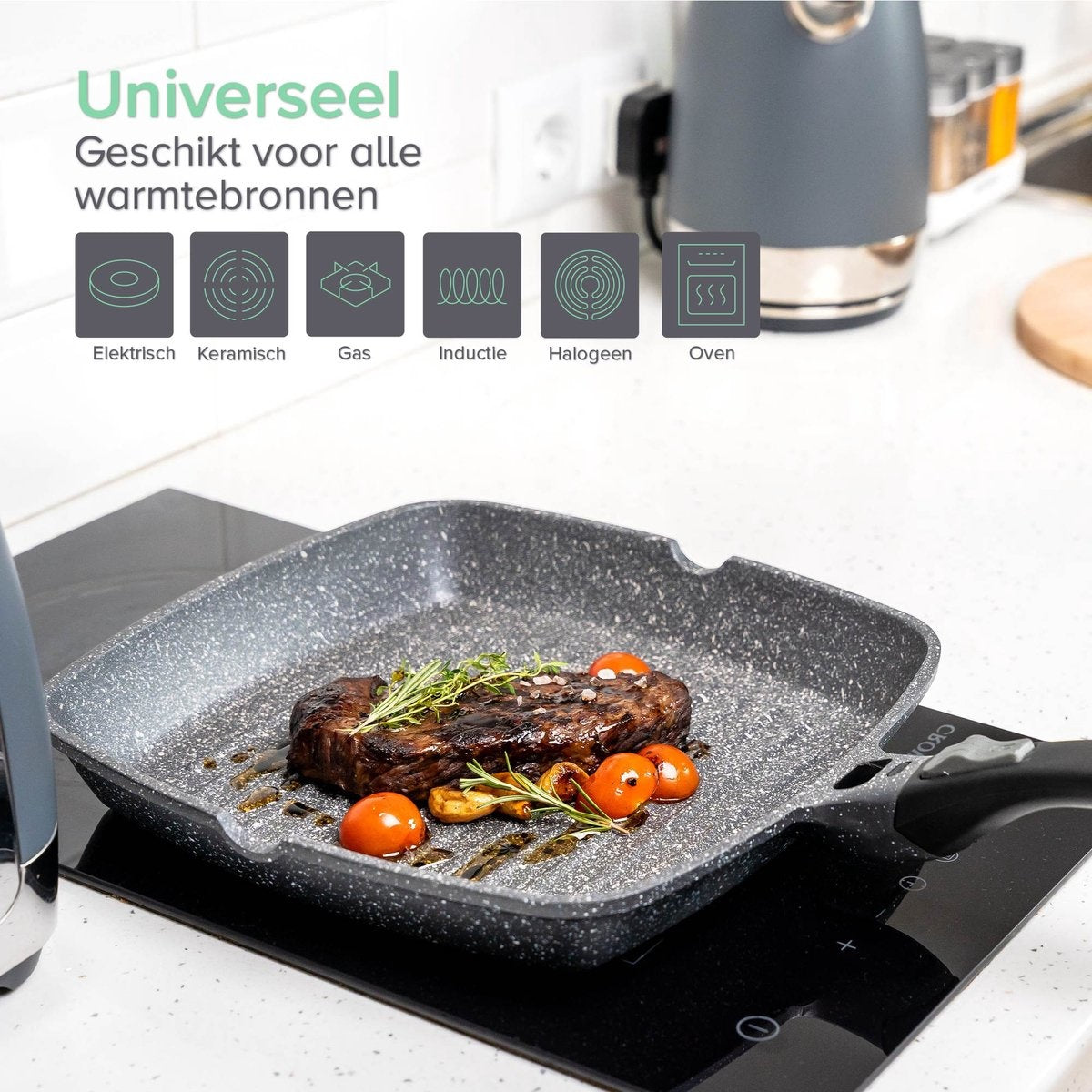 Coninx Grillpan Inductie 28cm - Steakpan Vleespan - Poêle à Grill avec Poignée Amovible - Sans PFAS - Convient à Toutes les Sources de Chaleur - Poêle, Induction - 28x28 CM - Fond Extra Épais - Cadeau de Fête des Pères