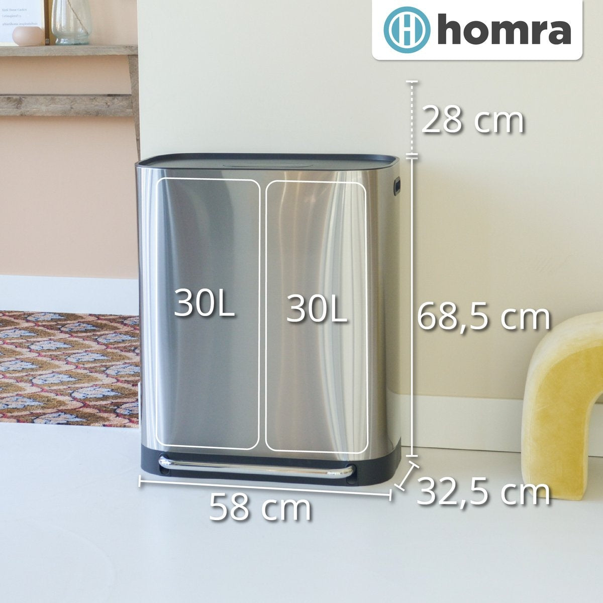 Poubelle double - Homra - 2x30L Homra Rockx - Poubelle Duo à pédale 60L avec filtre anti-odeurs - Poubelle de tri en acier inoxydable 2 compartiments - Poubelle de recyclage - Poubelle de cuisine pour le tri des déchets - Corbeille à déchets - acier inoxy