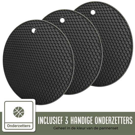COOCK Batterie de cuisine à induction 19 pièces - Revêtement spécial antiadhésif - Poignées ergonomiques à froid - Aluminium recyclé - Ensemble de poêles à frire - Ensemble de casseroles - Noir - Sous-verres et livre électronique inclus