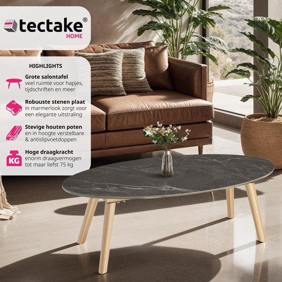 tectake® Coffee Table | Living Room Table, Oval Coffee Table with Wooden Legs | Marble Look | Weatherproof Side Table for Living Room, Terrace, Garden or Balcony - natural