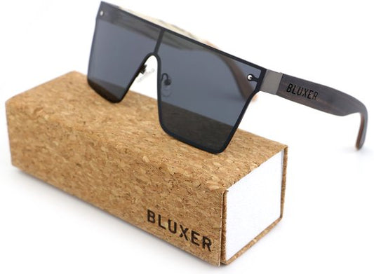 Bluxer® Lunettes de Soleil - Lunettes de Soleil Tendance Polarisées - Lentille UV400 - Cadre Surdimensionné en Acier Inoxydable - Bois en Placage d'Ébène - Lentille Grise
