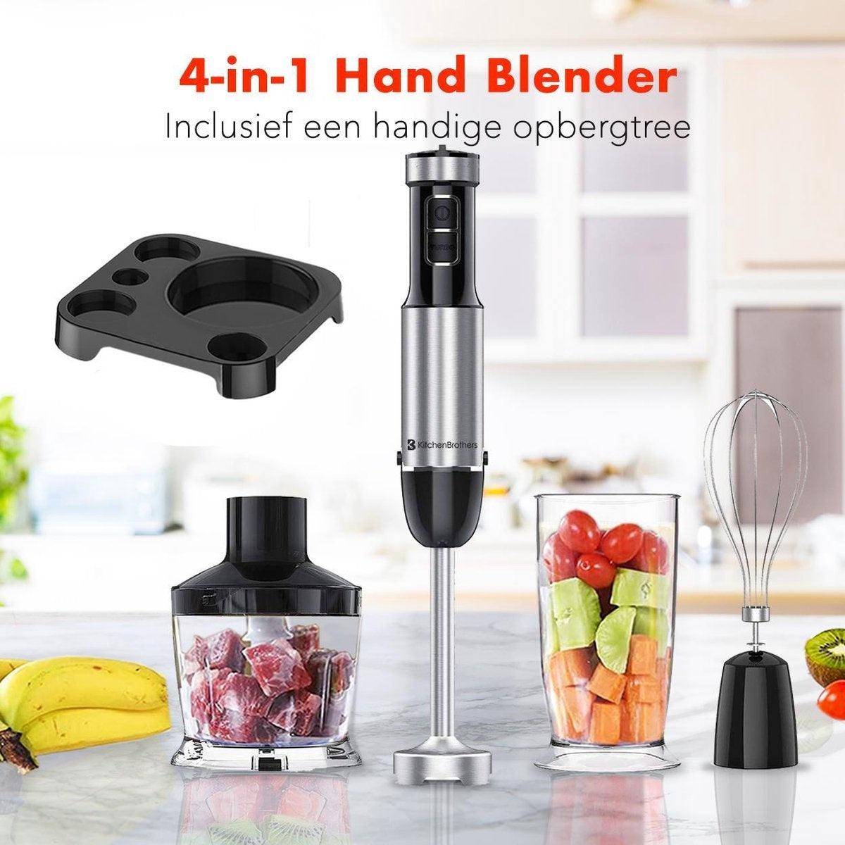 Mixeur plongeant 4 en 1 - KitchenBrothers - Hachoir - 800W - 600ML - Acier inoxydable