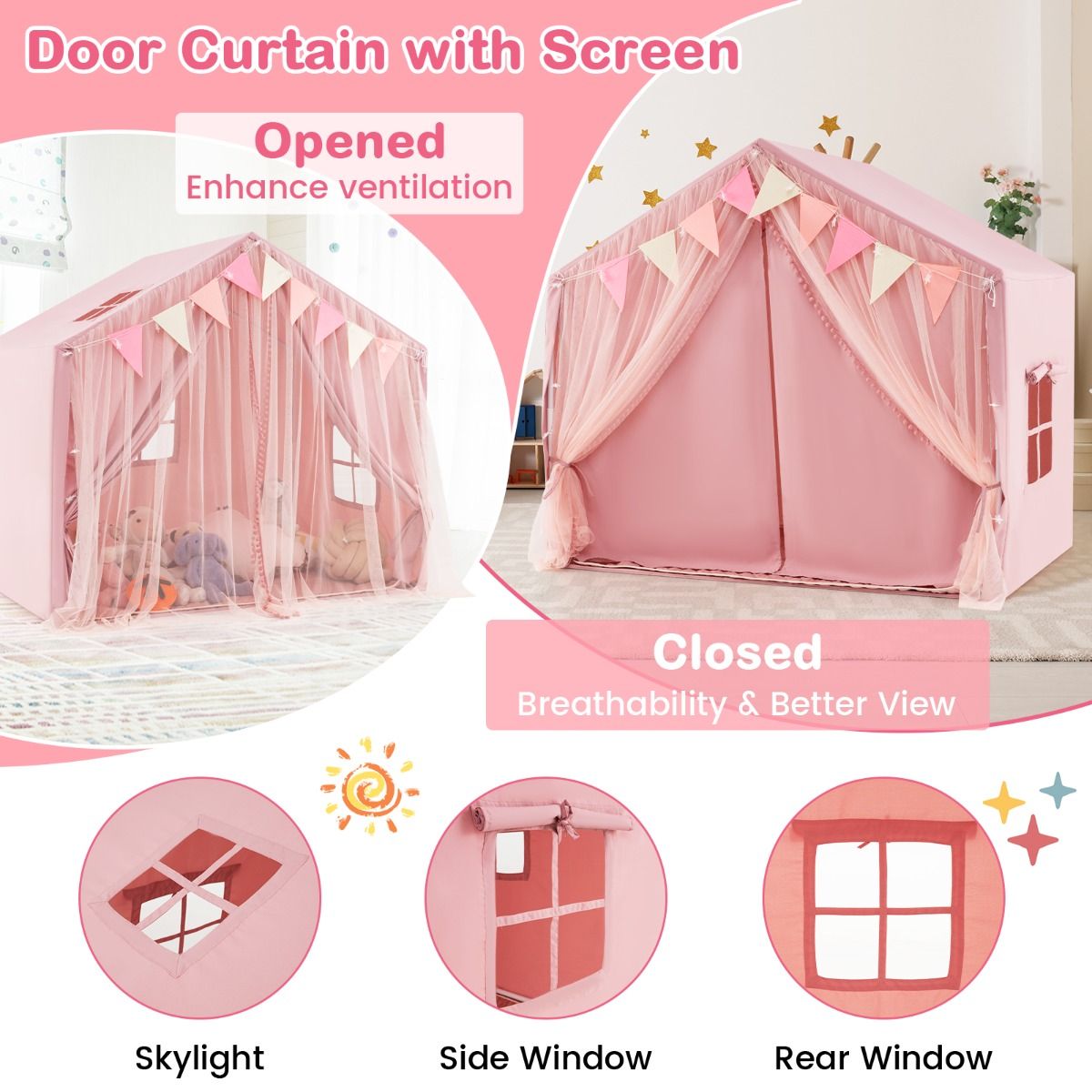 Tente de jeu pour enfants Coast - avec rideaux et guirlande lumineuse en forme d'étoiles - grande tente de jeu - rose