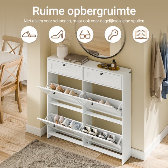 Armoire à chaussures SoBuy pour entrée, armoire à chaussures avec 2 tiroirs et 4 portes rabattables, rangement pratique pour 12 paires de chaussures, blanche, MDF E1, idéale pour les petits espaces - FSR208-W