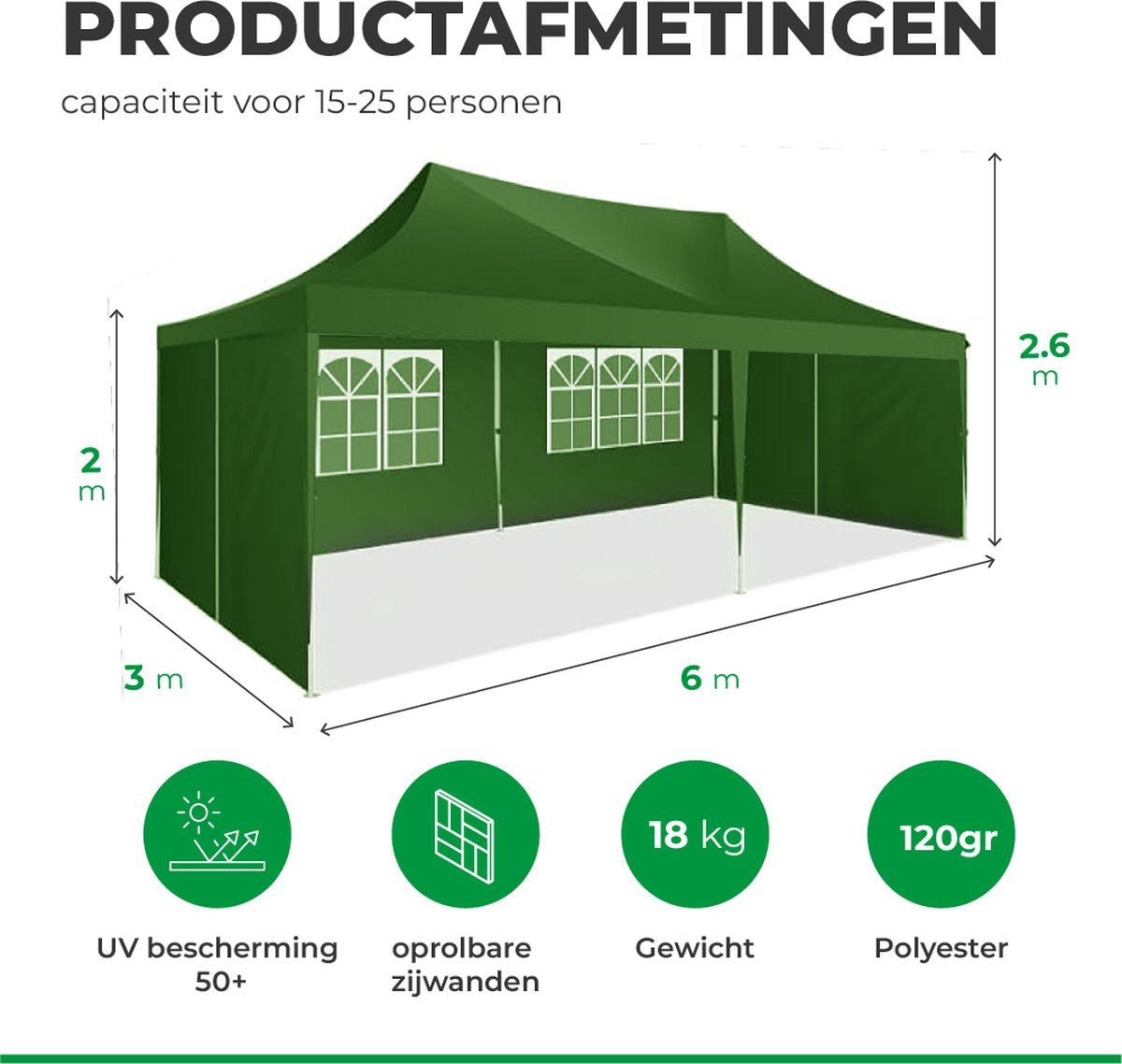 CASARIA Pavillon 3x6 m Vert - Tente de réception déperlante avec 6 parois et fenêtres - Protection UV - 18 m² - Tente de jardin pour fêtes
