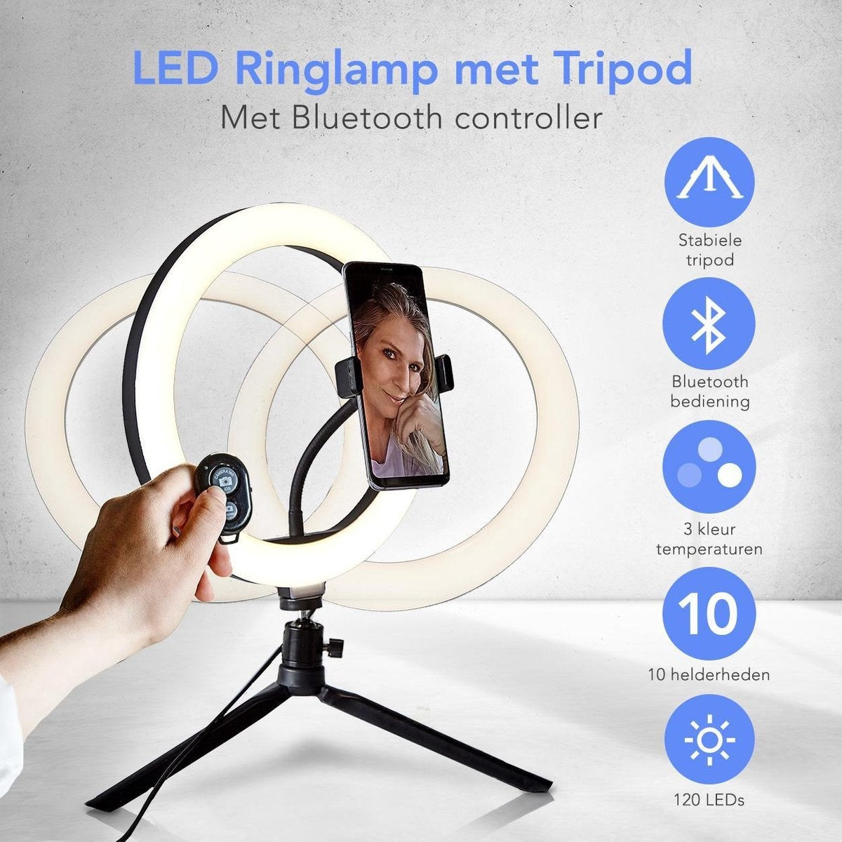 LifeGoods Lampe annulaire - LED - Avec trépied et télécommande - Support pour smartphone - Noir