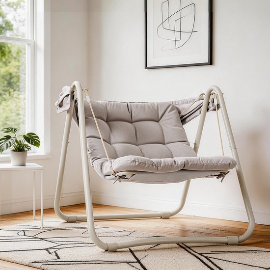 SoBuy OGS62-MI Fauteuil à bascule avec parasol réglable - Pour l'intérieur et l'extérieur - Hamac et chaise de jardin d'extérieur - beige, 108 x 126 x 163 cm