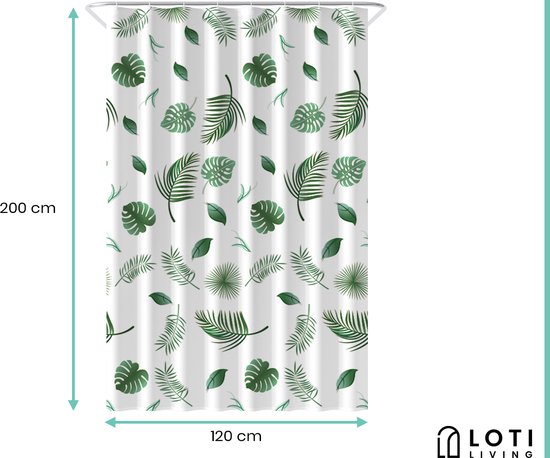 Loti Living Rideau de douche anti-moisissure - Feuilles - Anneaux inclus - Imperméable - Polyester - Rideau de douche 120x200 cm
