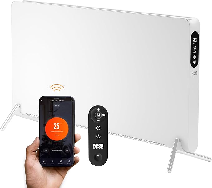 LEBENLANG Chauffage électrique - 2000W - Wifi et App Control - Télécommande - 88 x 5 x 49 cm - Blanc