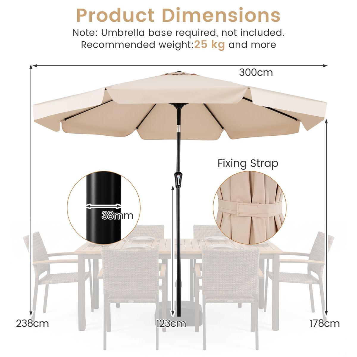 Parasol Coast inclinable - 3 mètres de diamètre - mât métallique - beige