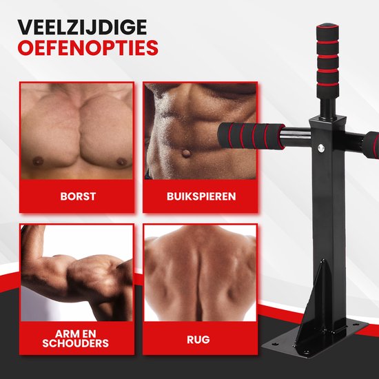 TTD® Premium Pull Up Bar - Pull Up Station - Wall Mount Pull Up Bar - Dip Station - Dip Bars - Home Sports - Home Fitness - Premium materials - Extra sturdy mounting parts - Home workout - Black/Red