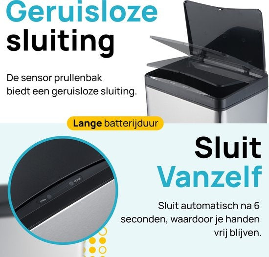 MOA Sensor Waste Bin - 50 litres - acier inoxydable & ABS durable - Antidérapant - Couvercle silencieux - Mode de fermeture différée - Inox - SB02S