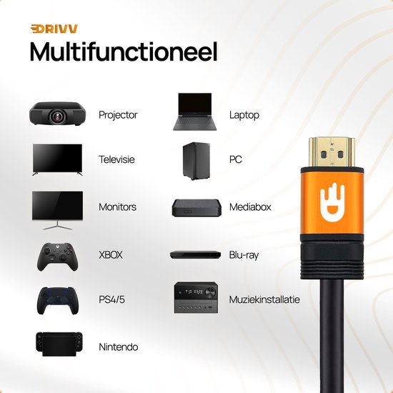 Drivv. Câble HDMI Premium 2.1 - Ultra HD High Speed 8K - HDMI vers HDMI - Convient à Xbox Series X & PS5 - 3 mètres - Orange