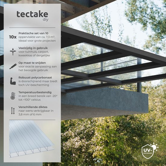tectake® - Lot de 10 plaques en polycarbonate - Plaques à double paroi robustes, translucides et résistantes aux UV - 121 x 60,5 cm - 7,32m² au total - Transparent - Plaque de serre - 6mm d'épaisseur