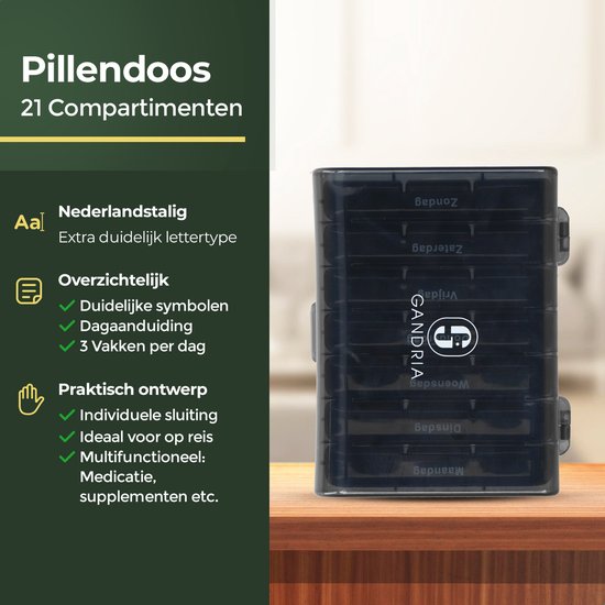 Boîte à pilules Gandria 7 jours - Boîte à pilules amovible - Boîte à médicaments avec 21 compartiments - Boîte à médicaments avec fermeture solide - 3 compartiments par jour - Noir