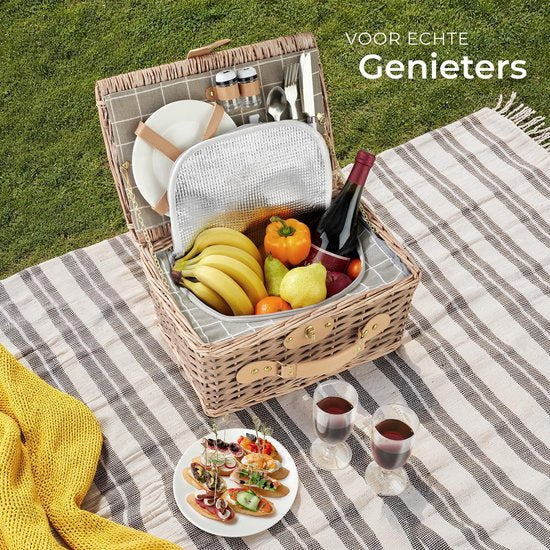 tectake® complete Picnic Basket Set Ameland - Luxury 13-piece Picnic Set for 2 - Wicker Picnic Basket - Includes Cooler, Set with Plates, Plastic Wine Glasses and Stainless Steel Cutlery