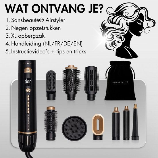 Sansbeauté® 9-in-1 Airstyler with Diffuser - Multistyler - Brosse sèche-cheveux cheveux courts - Boucleur - Styler les cheveux - Sèche-cheveux - Brosse chauffante - Brosse à boucler - Fer à boucler - Lisseur de cheveux - Brosse de coiffure - 5 en 1 Hairst