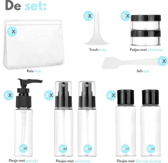 VAIVE Travel Bottles Hand Luggage 9-Piece - Accessoires de voyage - Bouteilles de voyage - Pots cosmétiques - Bouteilles de voyage - Emballage de voyage - Set de voyage