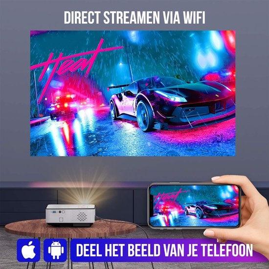 Strex Beamer ANDROID - Entrée en Full HD - 7000 Lumens - Streaming depuis votre téléphone avec WiFi - Mini projecteur - Ecran de projection 100" inclus