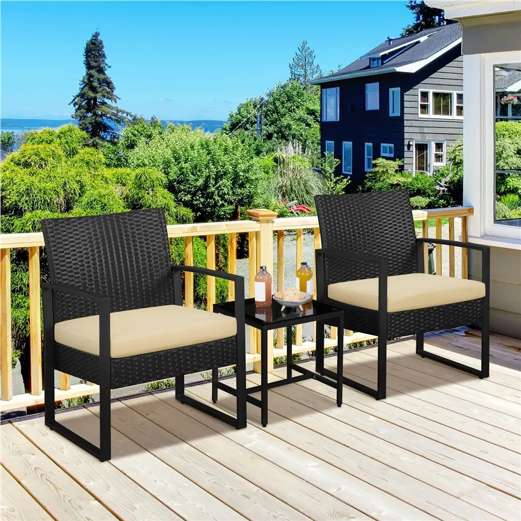 Ensemble de balcon Yaheetech - 3 pièces - 2 chaises/table - polyrotin - noir/kaki