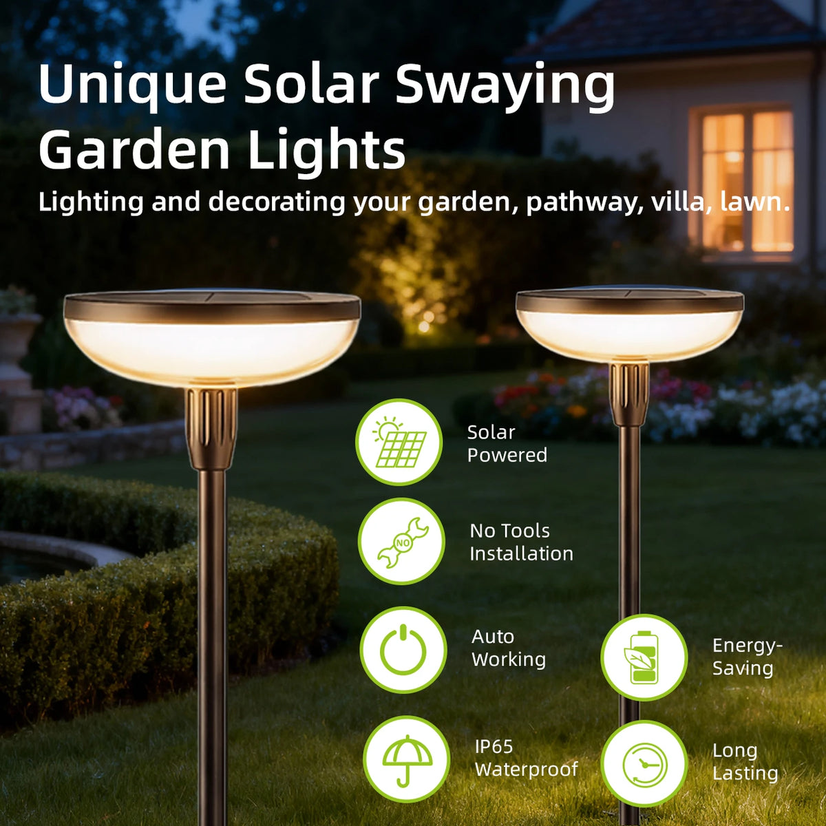 Lot de 4 lampes solaires de jardin VIVREAL – Lampes rondes orientables doubles – 18,1 × 31,49 pouces – Noir