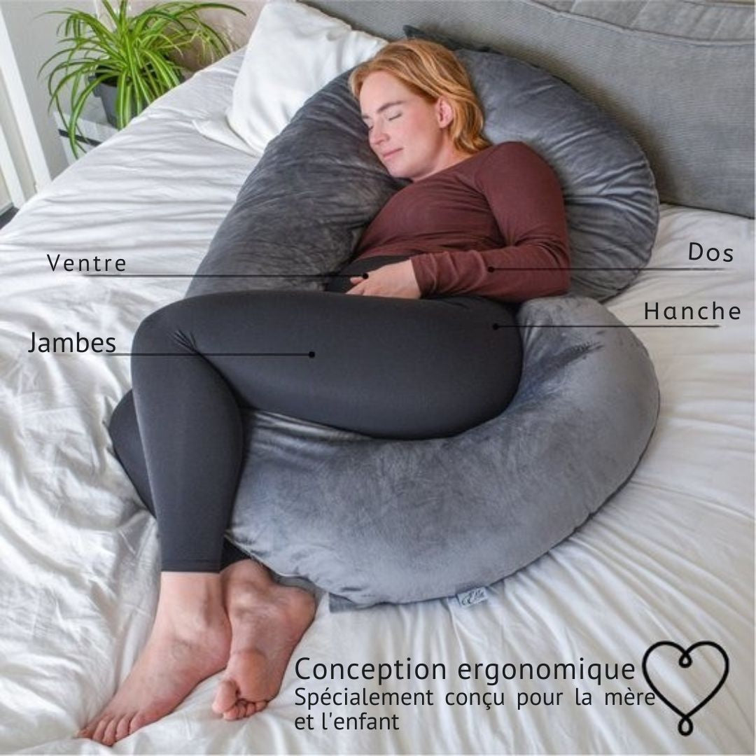 Coussin de grossesse Ella - soie - Coussin de corps - Housse amovible en polaire Minky - 150x70cm - Gris