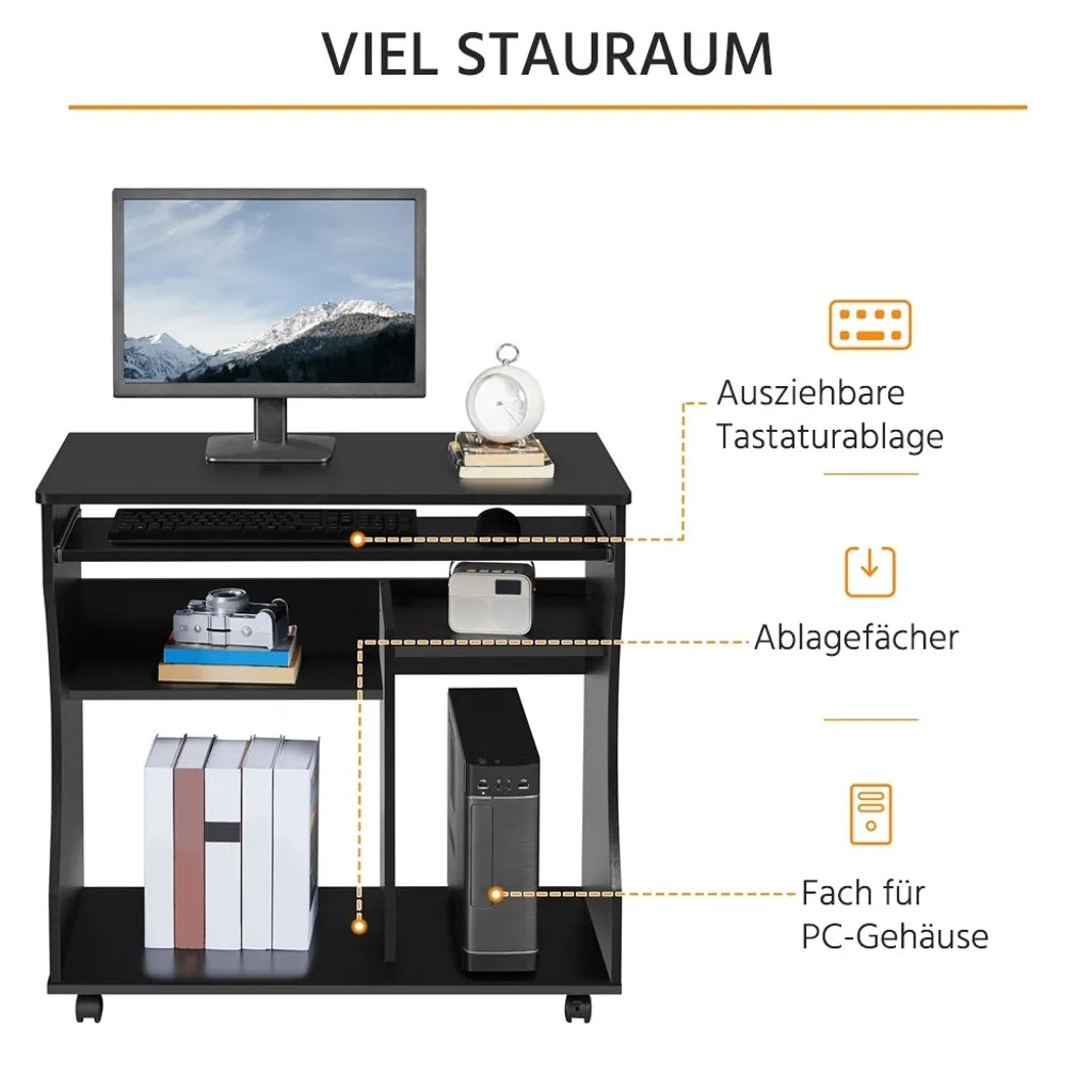 Bureau d'ordinateur Yaheetech avec tiroir pour clavier et roulettes - Noir - 80 x 48 x 76 cm
