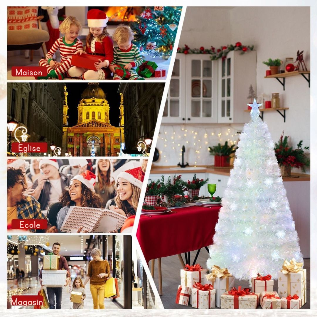 Arbre de Noël artificiel - Coast - 120 cm - avec fibre de verre, feuilles irisées et lumières LED multicolores en forme de flocons de neige - Blanc