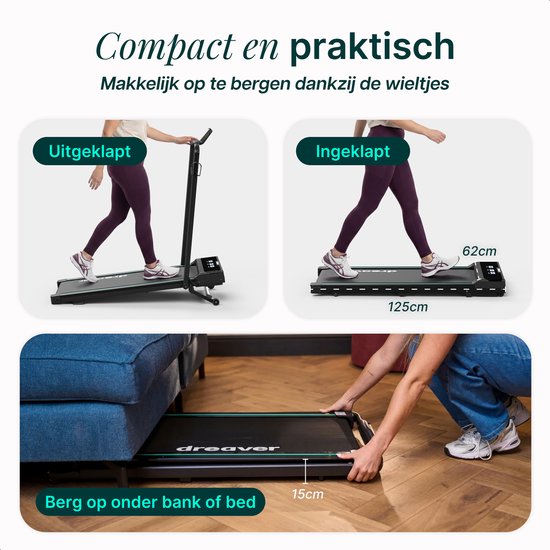 Dreaver Elevate Pro - Tapis de course 2 en 1 pliable, 12 km/h, avec fonction d'inclinaison de 9 % - Application et accessoires inclus - Tapis de course - Treadmill - Tapis de marche - Walking pad - Pour la maison
