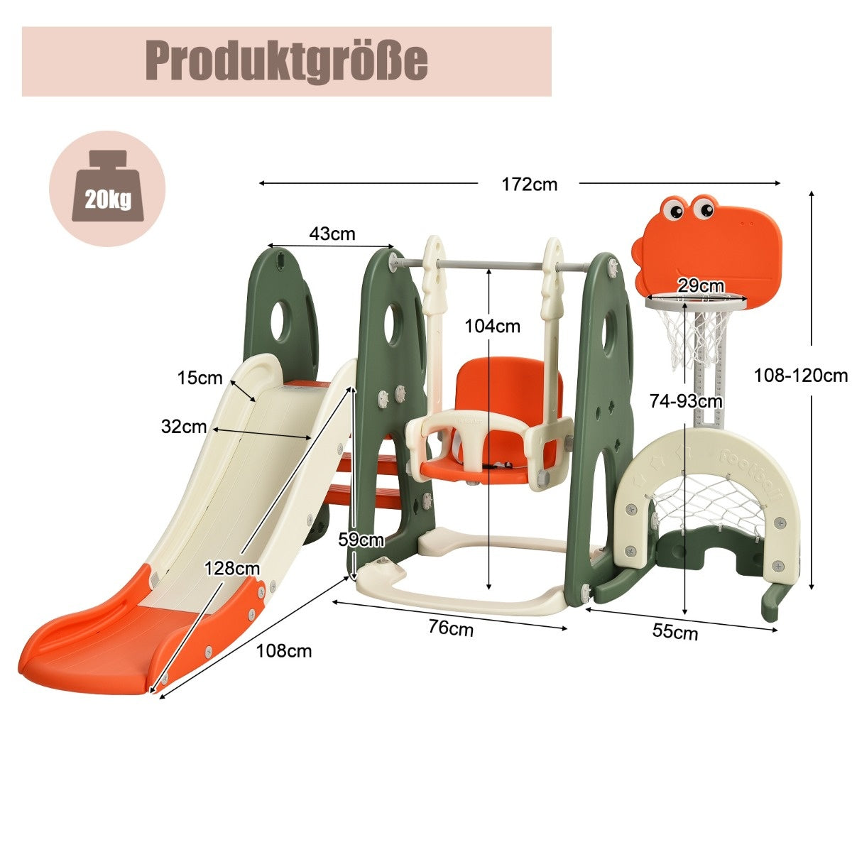 Coast Swingframe Toboggan et balançoire pour enfants 172 x 182 x 108-120 cm orange