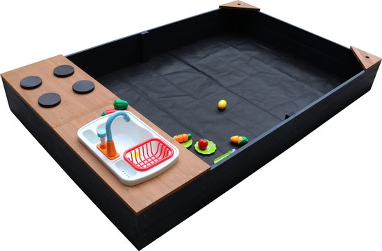 Bac à sable AXI Kelly avec cuisine jouet, anthracite/marron - Lavabo avec lot d'accessoires de 17 pièces - Bâche de protection et toile de sol incluses