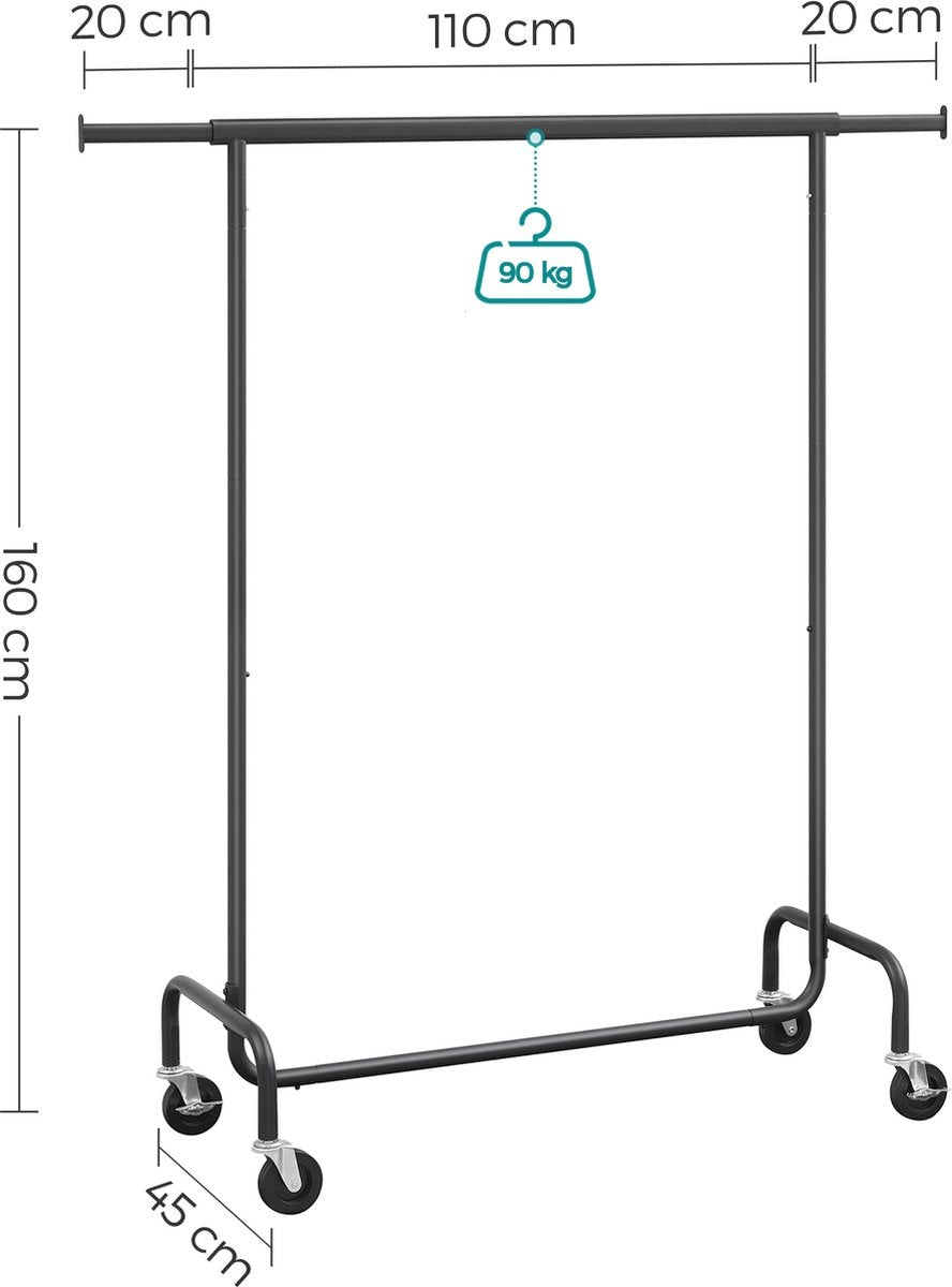 O'DADDY® Porte-vêtements à roulettes - Porte-penderie - Tringle de suspension extensible - Design robuste - Stable jusqu'à 130 kg - Métal - Noir