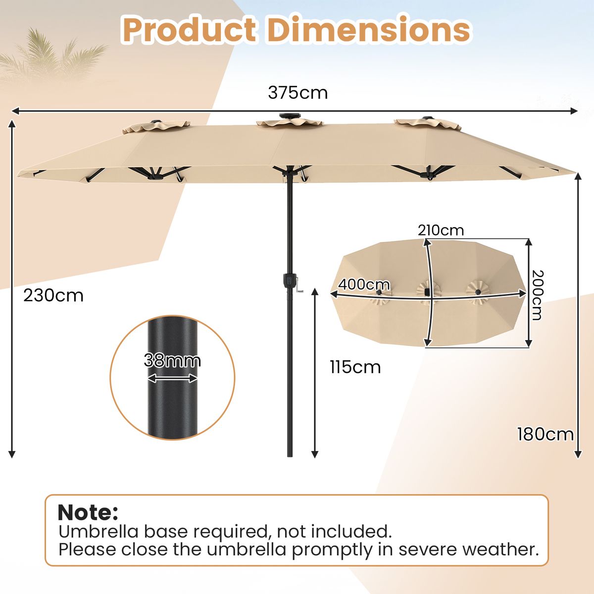 Parasol de jardin double Coast - rectangulaire avec éclairage LED - 400 x 210 cm - beige