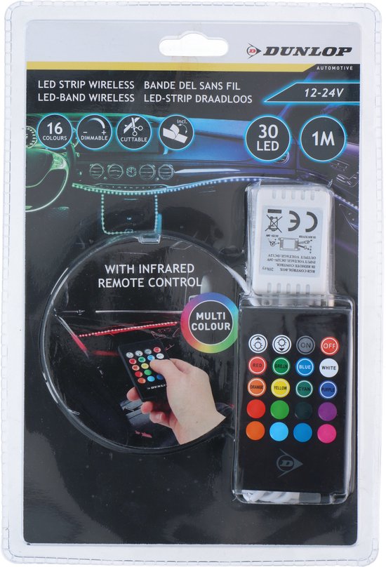Dunlop Bande LED - 1 Mètre - 30 LED - 16 Couleurs - Dimmable - Avec télécommande - 12V/24V