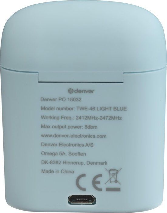 Denver TWE-46 - Earbuds - Wireless - Draadloos Oordopjes - Bluetooth - met oplaad case - handsfree - sporten - headset - In-ear - Bluetooth 5.0 - Licht blauw