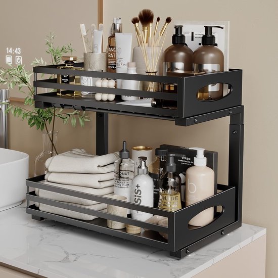 Posity Rangement pour armoire de cuisine - Rangement pour évier - Rangement pour comptoir - Support de rangement - Rangement pour salle de bain - Support de cuisine - Extensible - Métal - Noir