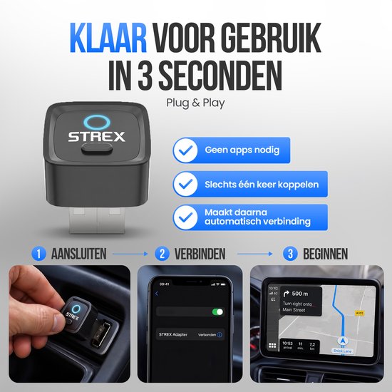 Adaptateur sans fil Strex compatible avec Apple CarPlay et Android Auto - Dongle sans fil - USB-A et USB-C - Plug and Play